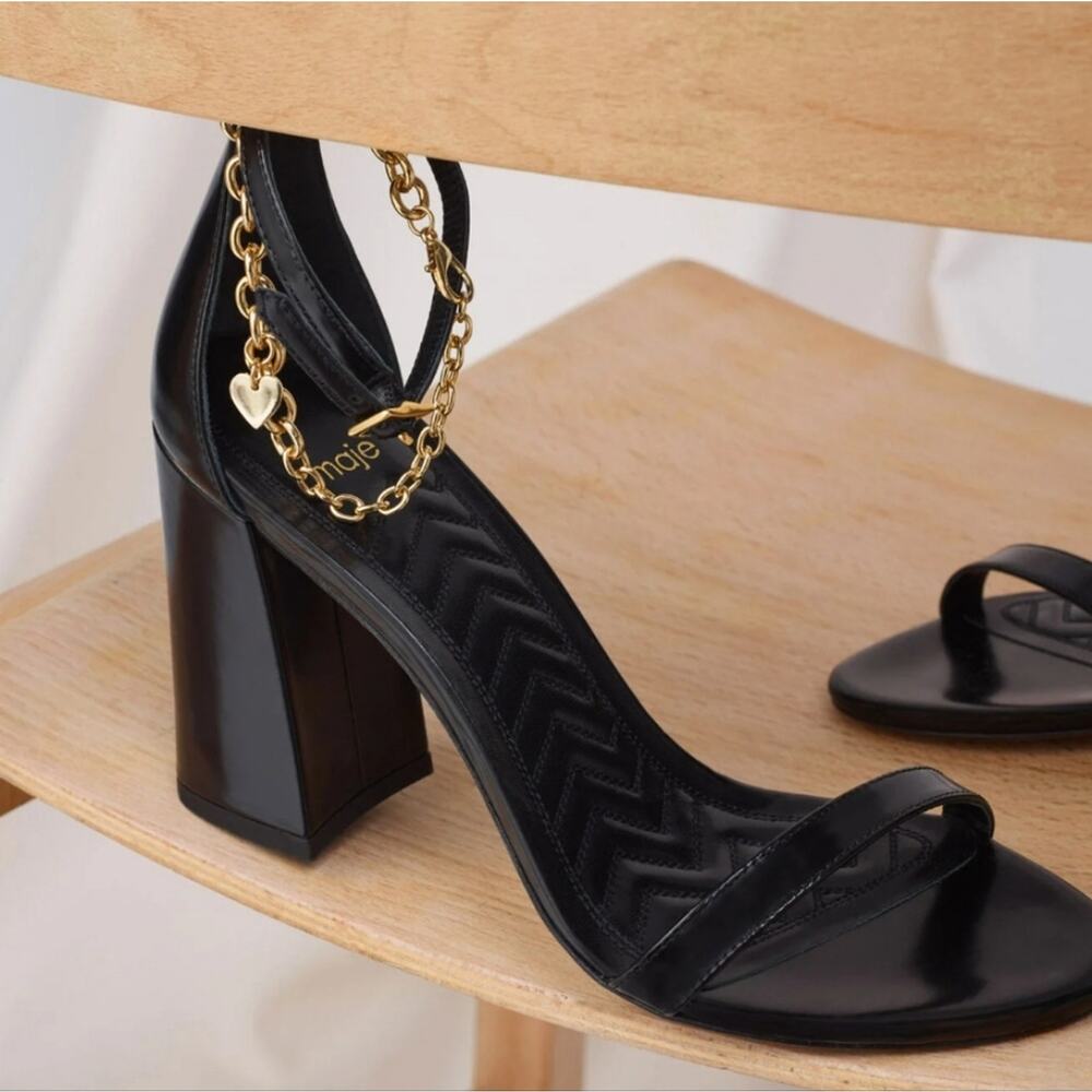 NEW Maje Feverlow Black Patent Leather Gold Chain Heart High Heel Sandals EU 39 - Picture 5 of 15